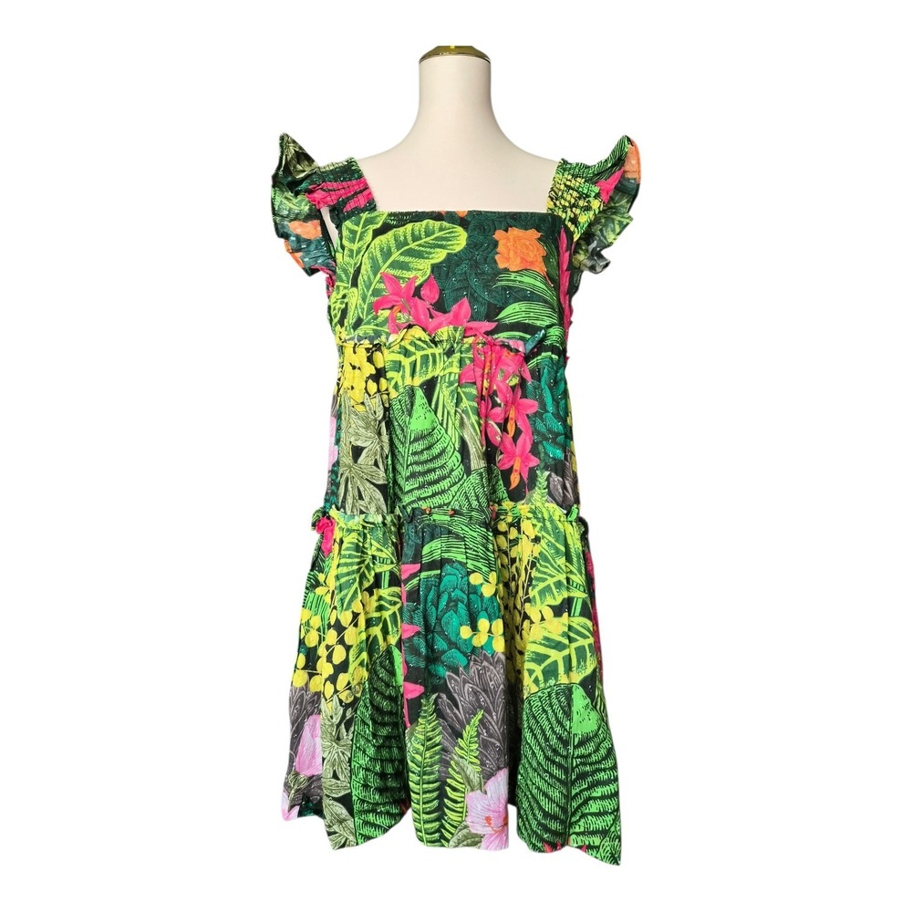 Tropical Print Mini Dress in Green & Pink